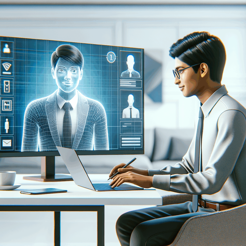 Un giovane professionista che simula un colloquio via laptop con un avatar AI, in uno spazio moderno e luminoso, stile tech minimalista