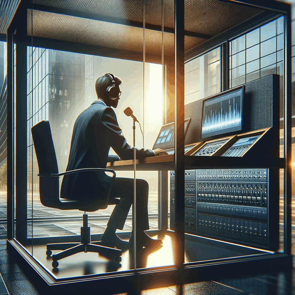 Un professionista che lavora concentrato in una cabina acustica moderna, in un contesto urbano, con luce naturale e tecnologia visibile