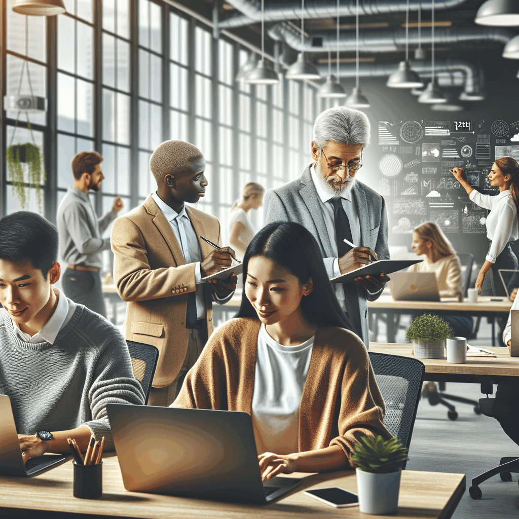 Spazio di coworking moderno con persone di diverse età che collaborano insieme, laptop e lavagne digitali in un ambiente luminoso