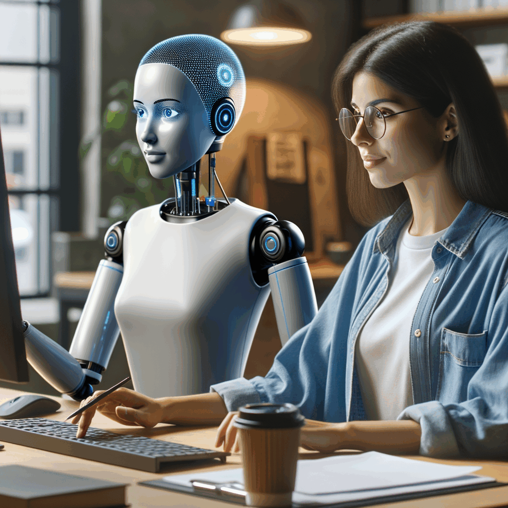 Un libero professionista al computer con un avatar AI identico accanto, che lavora in parallelo. Ambientazione moderna, atmosfera produttiva.