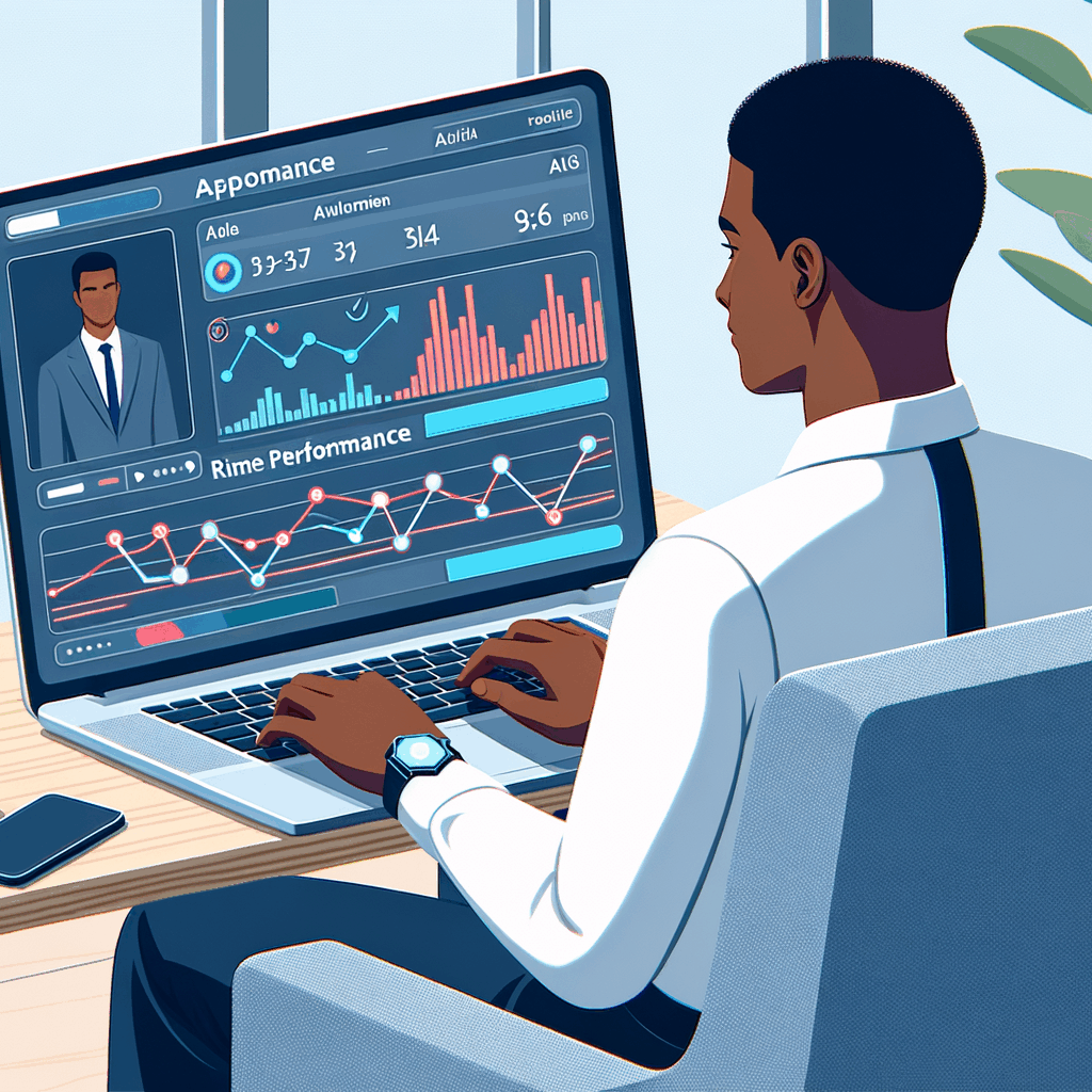 Un giovane professionista seduto davanti al laptop mentre partecipa a una simulazione gamificata su una piattaforma AI, con grafici e feedback in tempo reale visibili sullo schermo