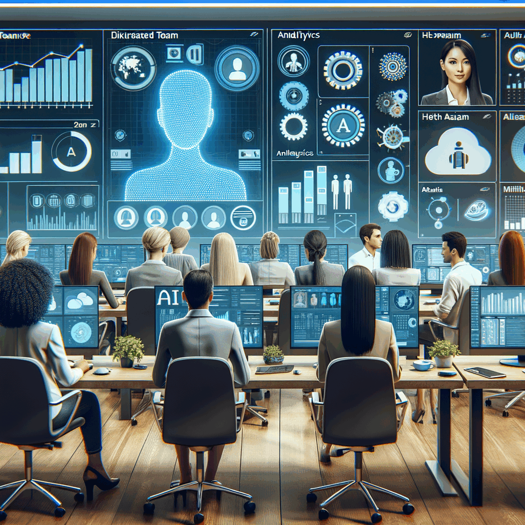 Un team distribuito che lavora da remoto, con interfacce digitali e una dashboard AI sullo sfondo, stile professionale, 16:9