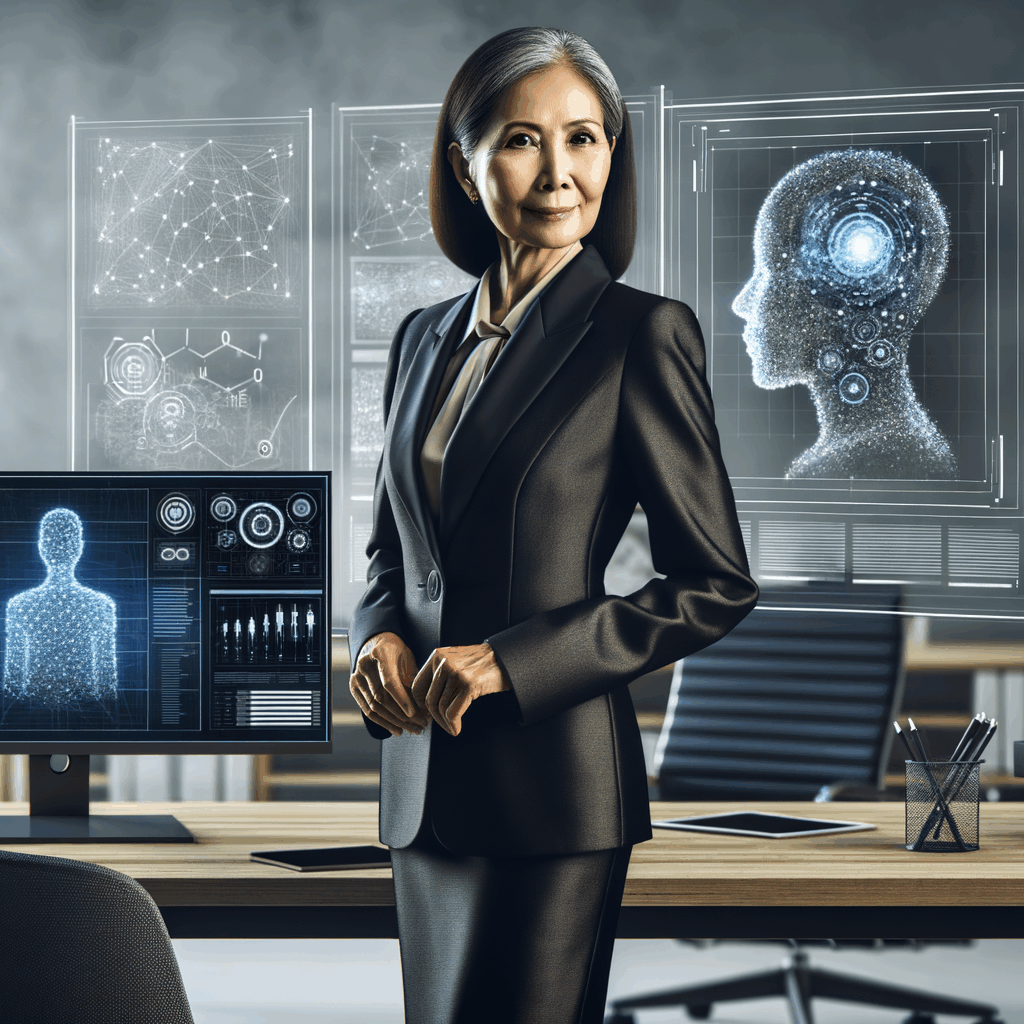 Un professionista senior in abito formale davanti a un monitor con grafici di intelligenza artificiale e connessioni network, in un ufficio moderno