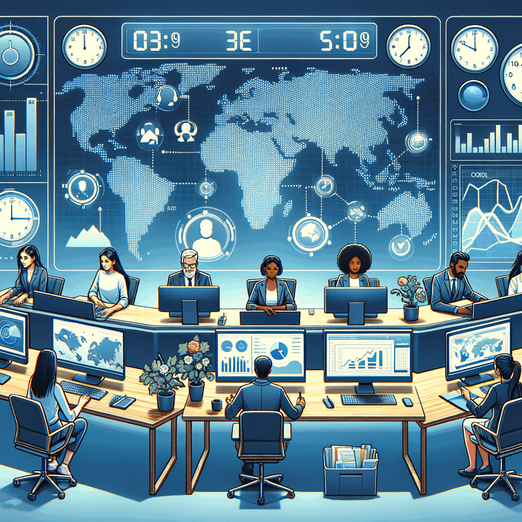 Dashboard interattiva con orologi su fusi orari globali e grafici predittivi, rappresentazione di team ibridi al lavoro in ambienti digitali