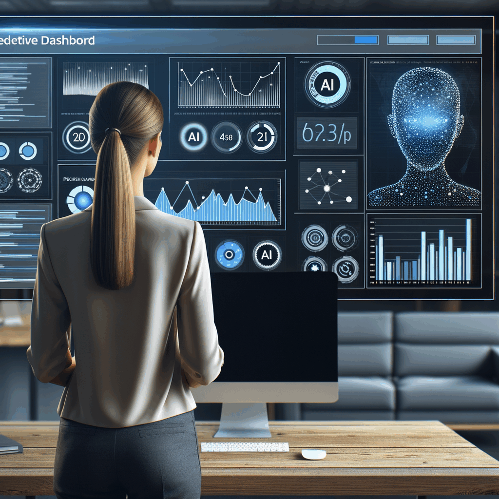 Ufficio moderno con un manager che osserva un dashboard predittivo su uno schermo, con grafici AI e analytics in evidenza, atmosfera professionale