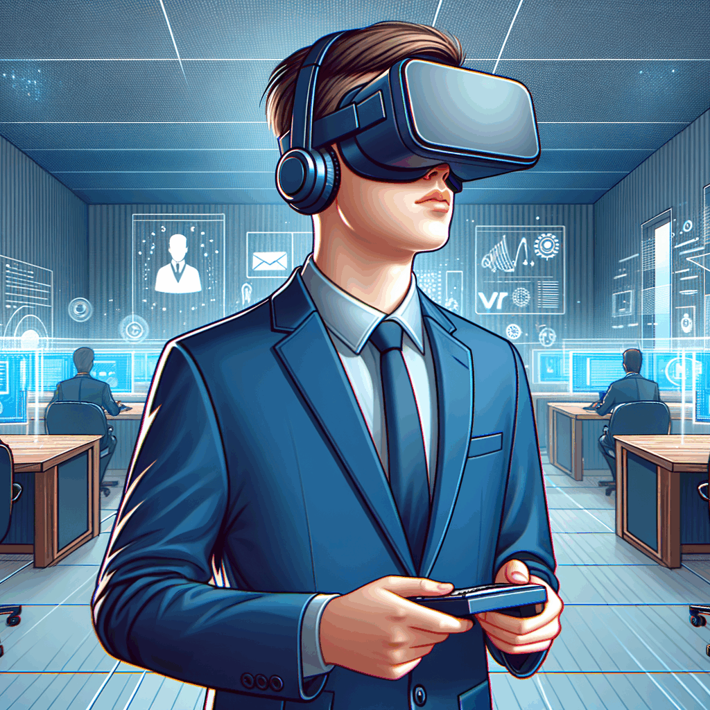 Un giovane candidato indossa un visore VR mentre partecipa a una simulazione lavorativa immersiva in un ufficio virtuale futuristico