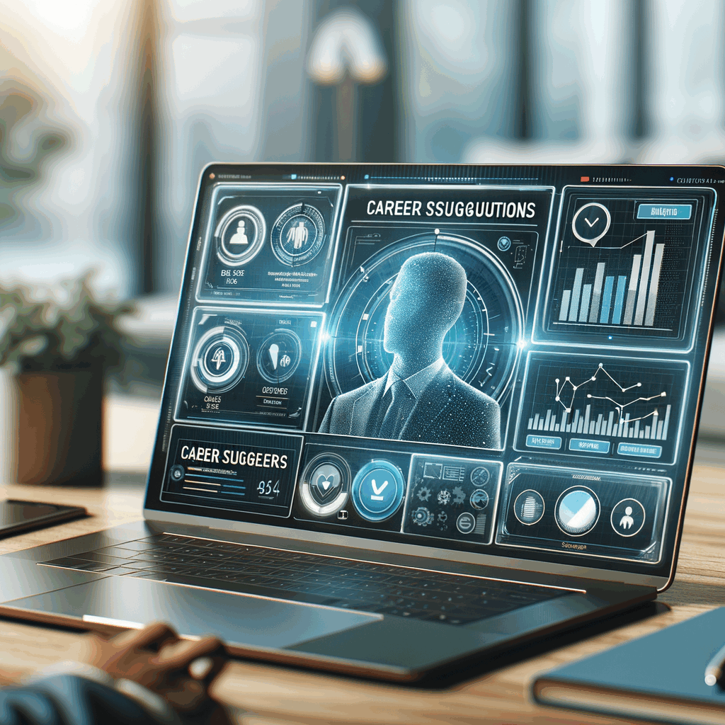 Una dashboard digitale con grafici e suggerimenti di carriera, utilizzata da un professionista su laptop in un contesto moderno, stile pulito e professionale