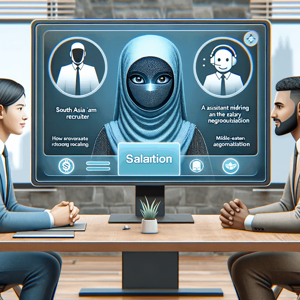 Un recruiter e un candidato seduti a un tavolo con uno schermo tra loro che mostra un’assistente AI che media la trattativa salariale, ambiente moderno e professionale