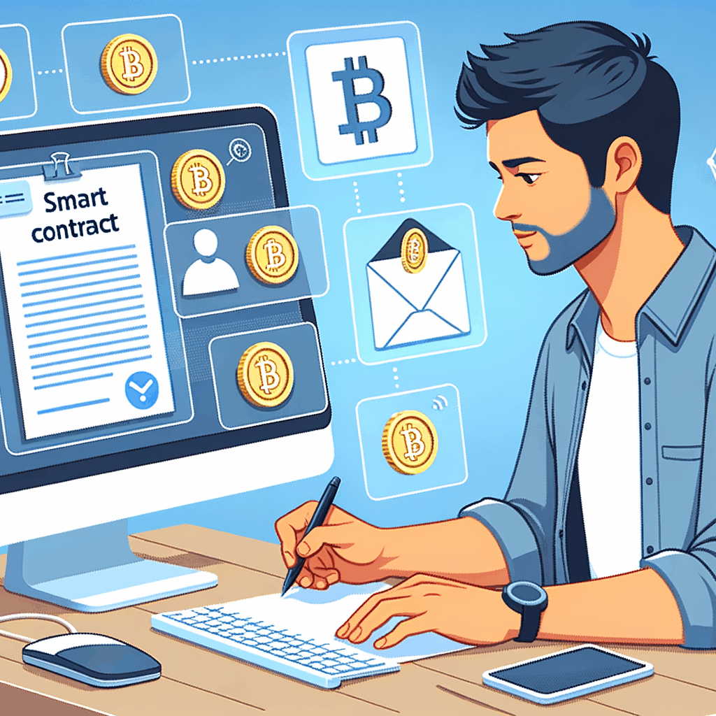 Un freelance al computer che firma un contratto digitale su blockchain, con icone di token, smart contract e pagamenti in criptovalute
