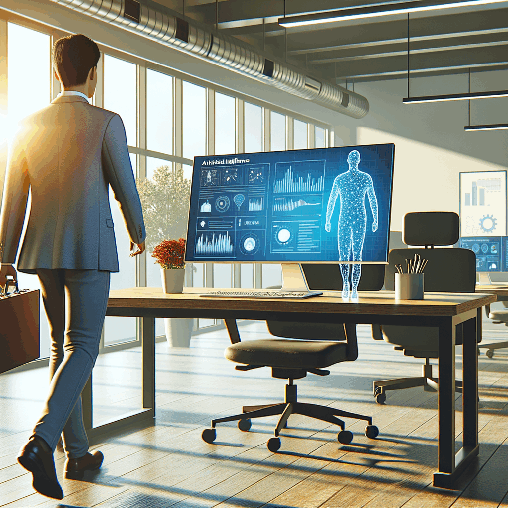 Ufficio moderno con un dipendente che rientra al lavoro, monitor con dashboard AI, atmosfera positiva e rilassata, luce naturale