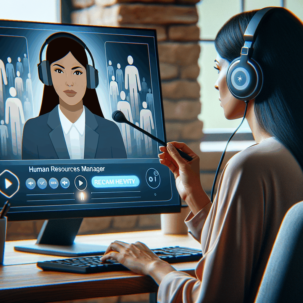 Manager HR ascolta un audio pitch con cuffie, mentre valuta candidati su uno schermo con interfaccia moderna di recruiting