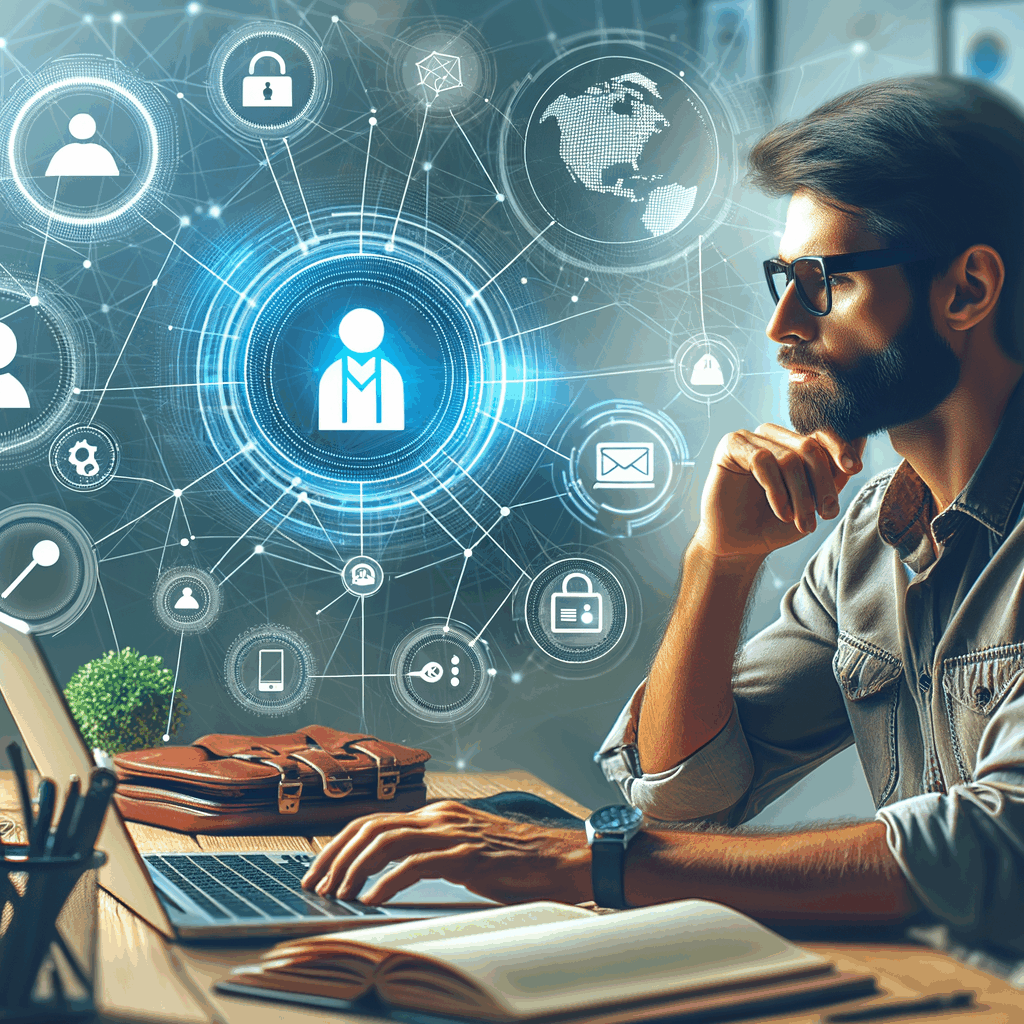 Un professionista freelance che lavora al computer con il logo di un brand digitale visibile, circondato da icone di strumenti digitali e connessioni di rete su sfondo moderno