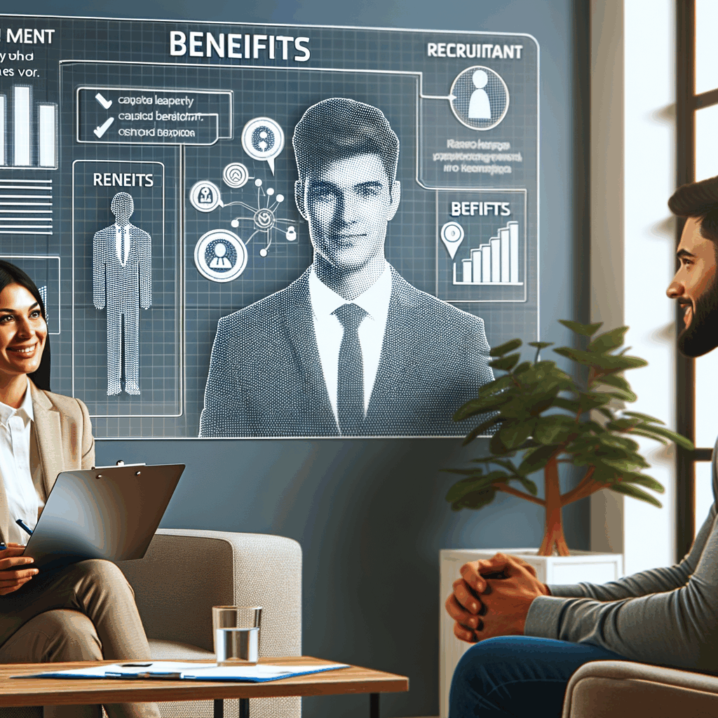 Una scena moderna in un ufficio tecnologico dove un recruiter presenta la propria azienda a un candidato seduto, con grafici e benefit sullo sfondo