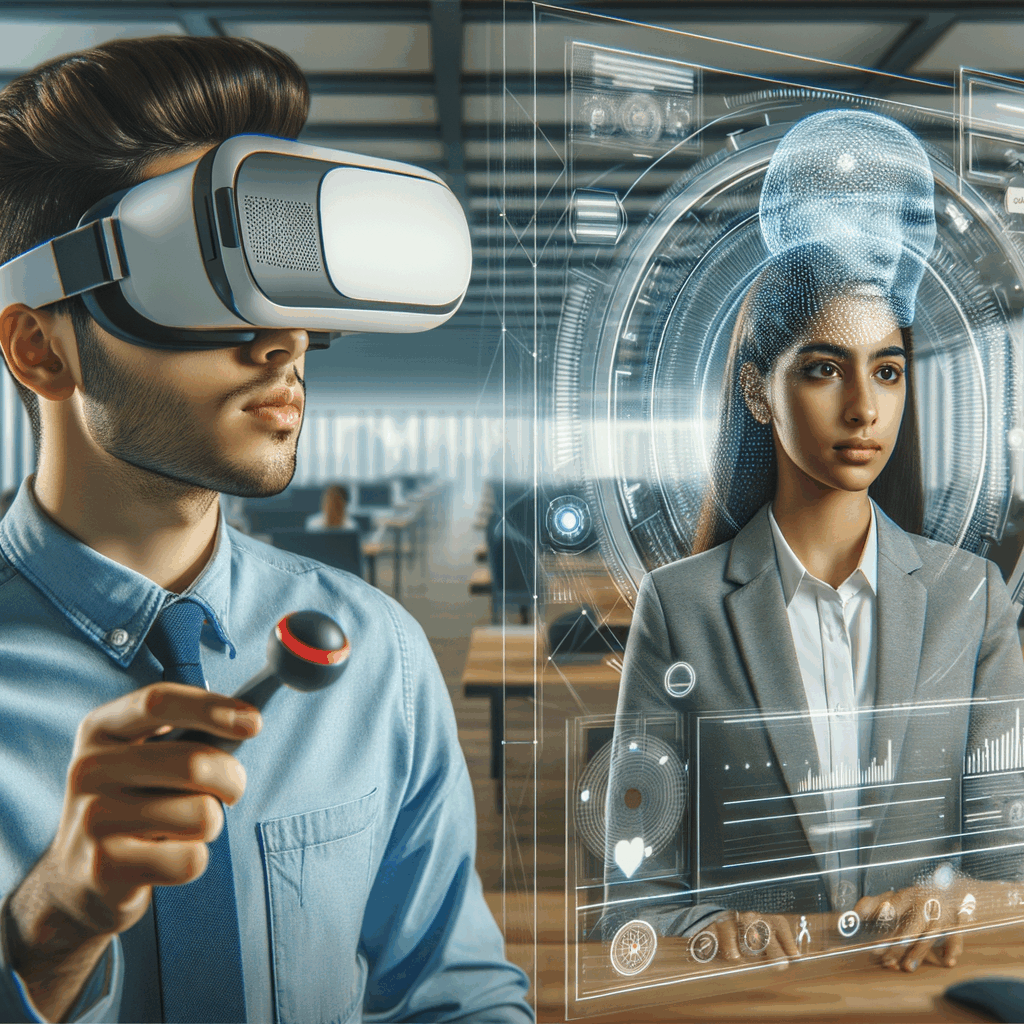 Un giovane professionista con visore VR osserva un collega virtuale in un ambiente di ufficio digitale futuristico, con overlay AI e dashboard interattive