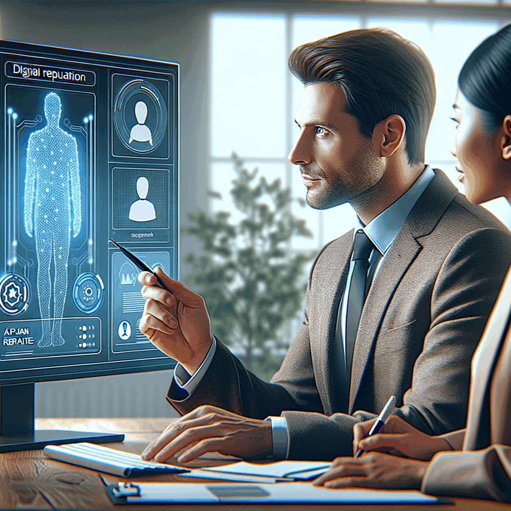 Un recruiter in ufficio guarda uno schermo con grafici di reputazione digitale e profili social, con interfaccia AI visibile in stile moderno