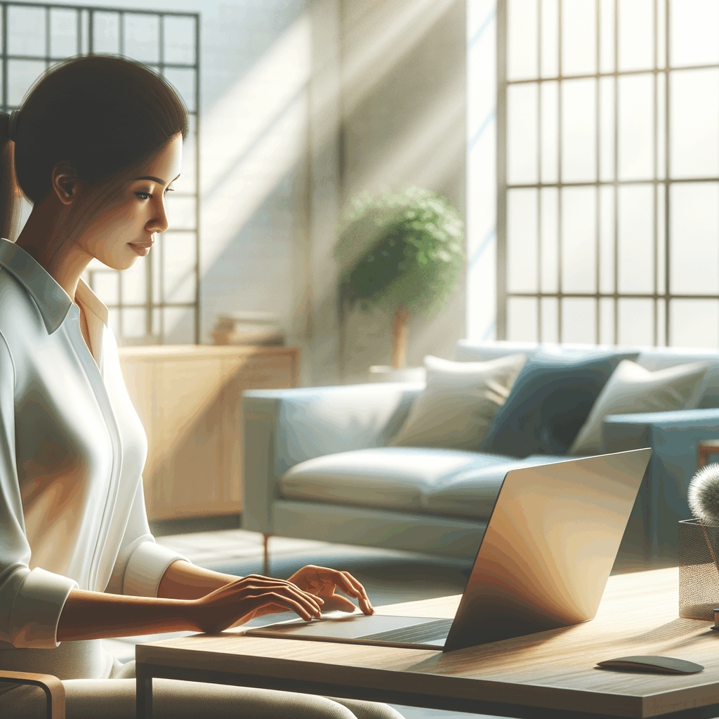 Ufficio moderno con un dipendente che lavora su un progetto personale al laptop, atmosfera serena, luce naturale, design minimal