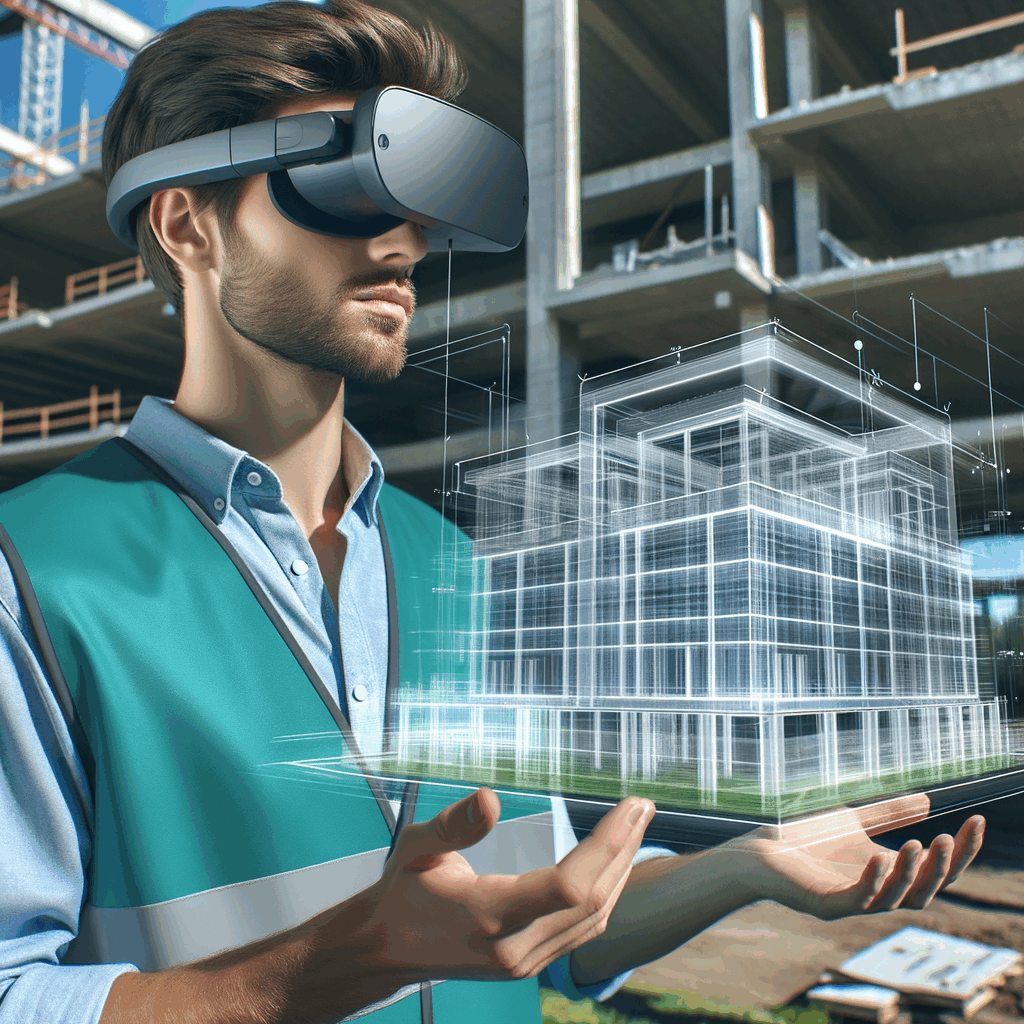 Tecnico edile con visore AR in un cantiere moderno, visualizzando ologrammi 3D di impianti o strutture, in un ambiente di lavoro high-tech all'aperto