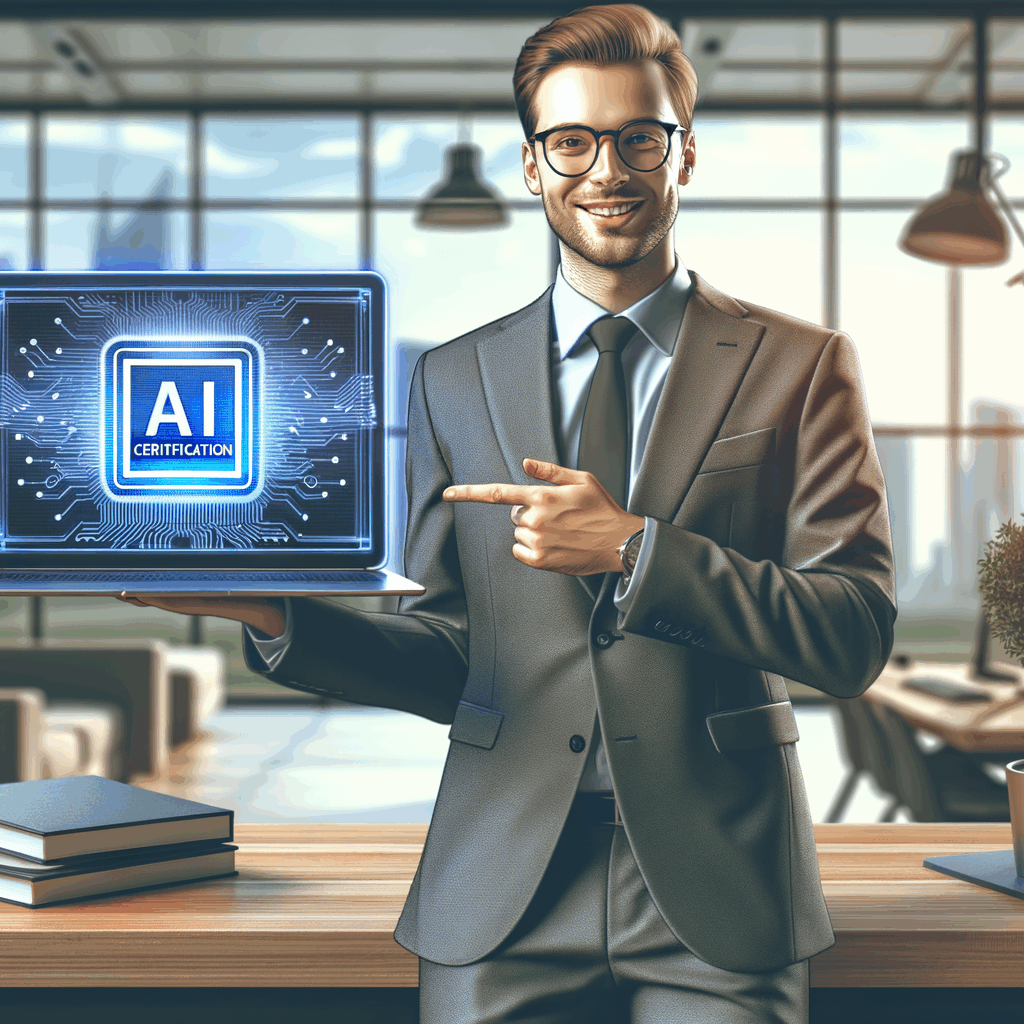 Un professionista che mostra con orgoglio una certificazione digitale AI sullo schermo del laptop, sfondo ufficio moderno, stile realistico 16:9