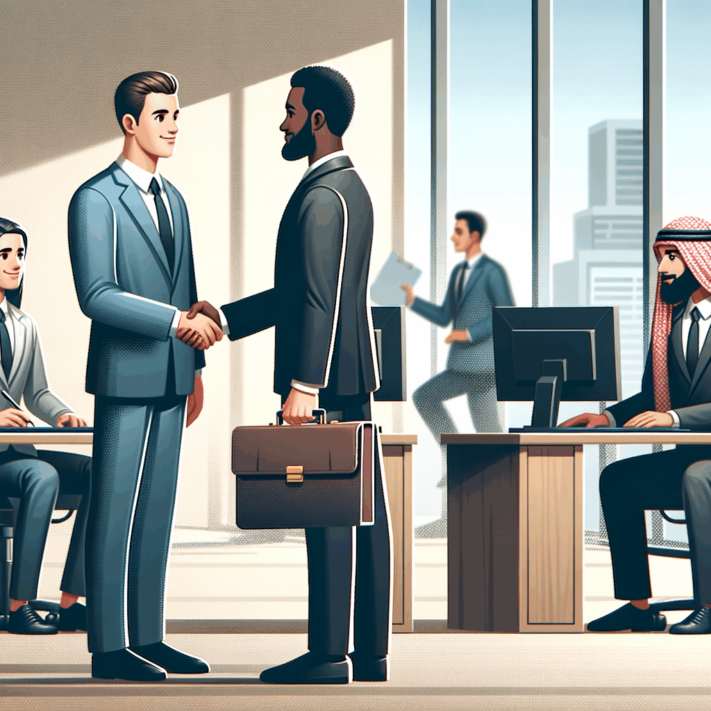 Due manager in ufficio che si stringono la mano con un lavoratore in background che cambia postazione tra due aziende, concetto di job lending