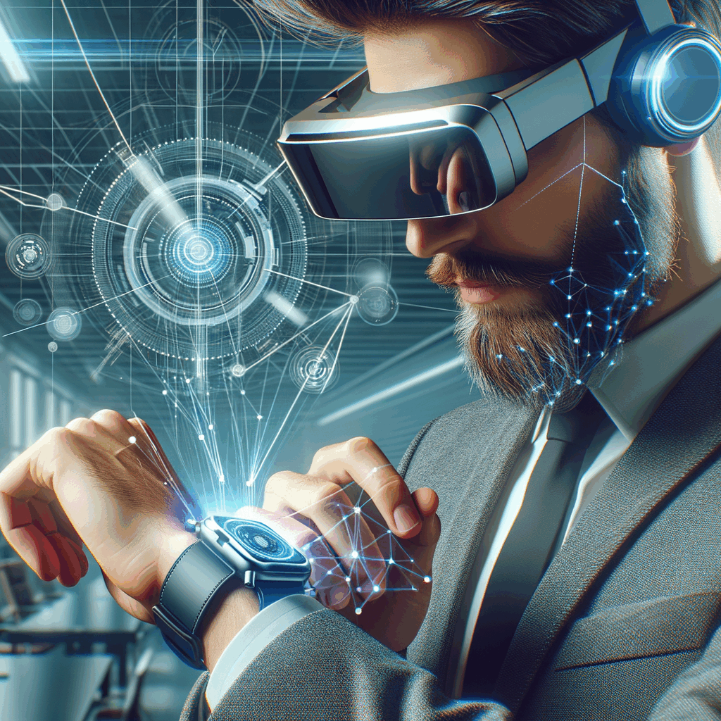 Un professionista con occhiali AR e smartwatch riceve feedback digitali in tempo reale in un ambiente lavorativo high-tech, background futuristico, tono professionale