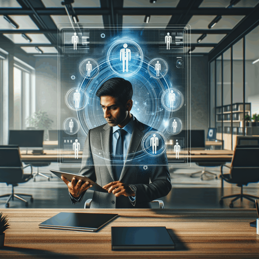 Ufficio moderno con schermo che mostra un team virtuale in 3D, manager HR che analizza dati su tablet, atmosfera tecnologica e professionale