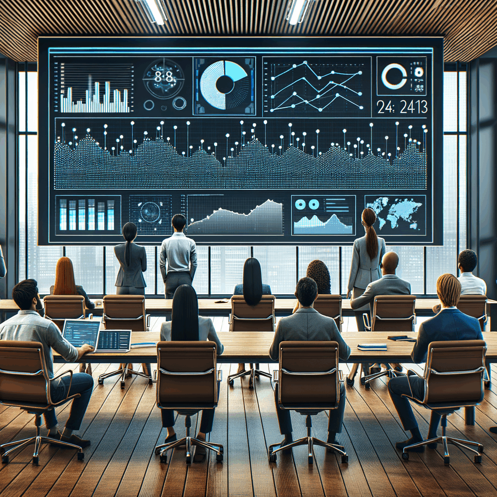 Ufficio moderno con dipendenti che guardano una dashboard a punti su uno schermo, atmosfera positiva, grafici visibili, contesto aziendale high-tech