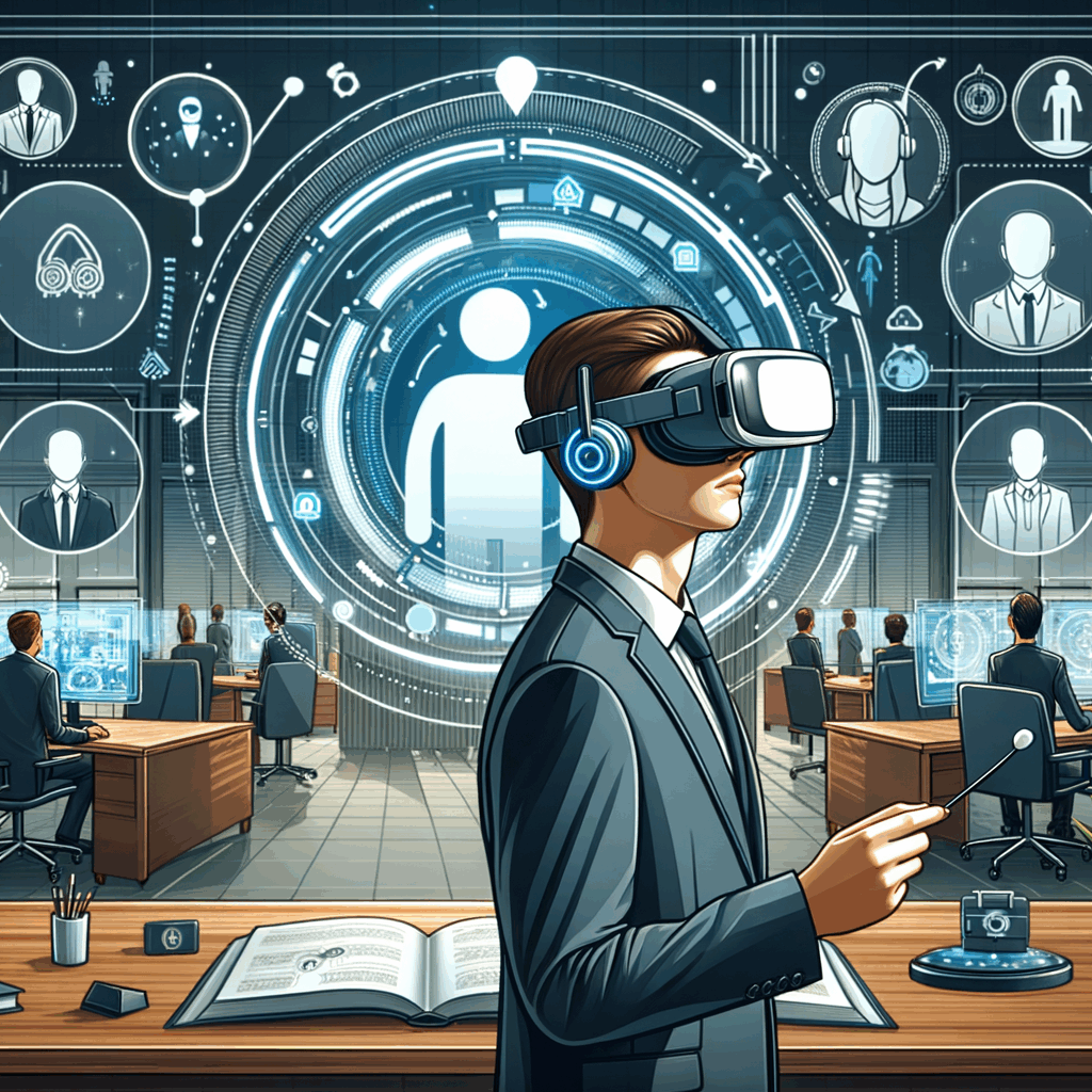 Un nuovo assunto con visore VR che esplora un ambiente aziendale virtuale futuristico, con elementi culturali e team avatar. Ufficio moderno, stile professionale.