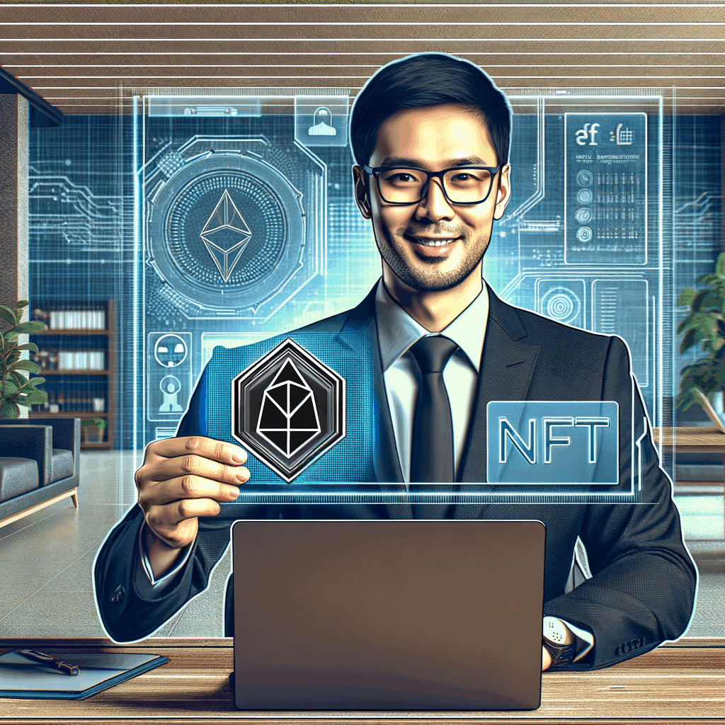 Un professionista che mostra un badge NFT digitale sullo schermo del laptop, con sfondo aziendale moderno e dashboard HR in stile blockchain