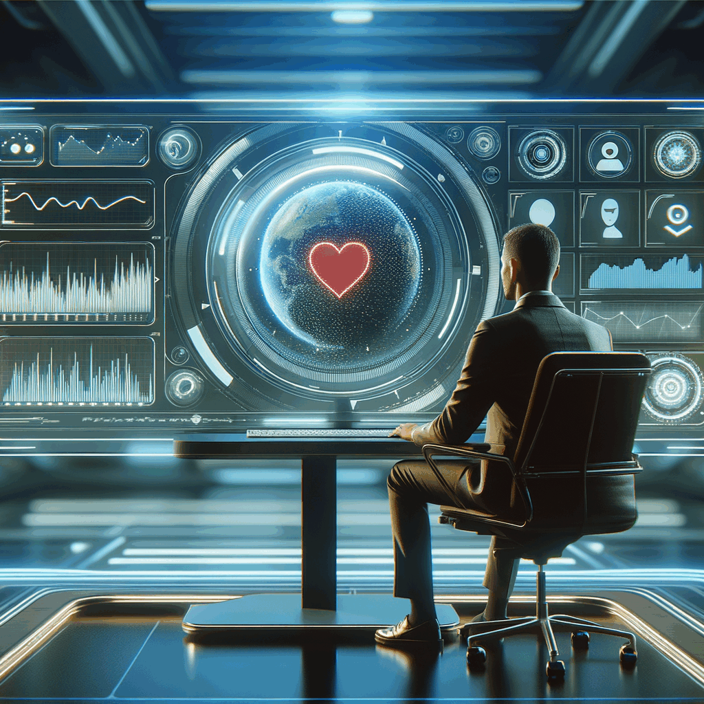 Un professionista seduto davanti a uno schermo con dashboard emozionale e grafici, stile futuristico, tono professionale, ambiente luminoso, proporzioni 16:9