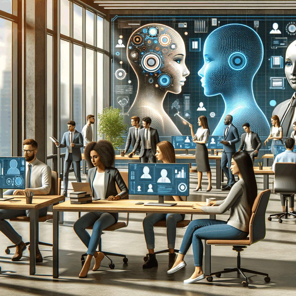 Ufficio moderno con team misto di persone e avatar digitali che lavorano insieme su schermi e interfacce AI, stile professionale futuristico, luce naturale