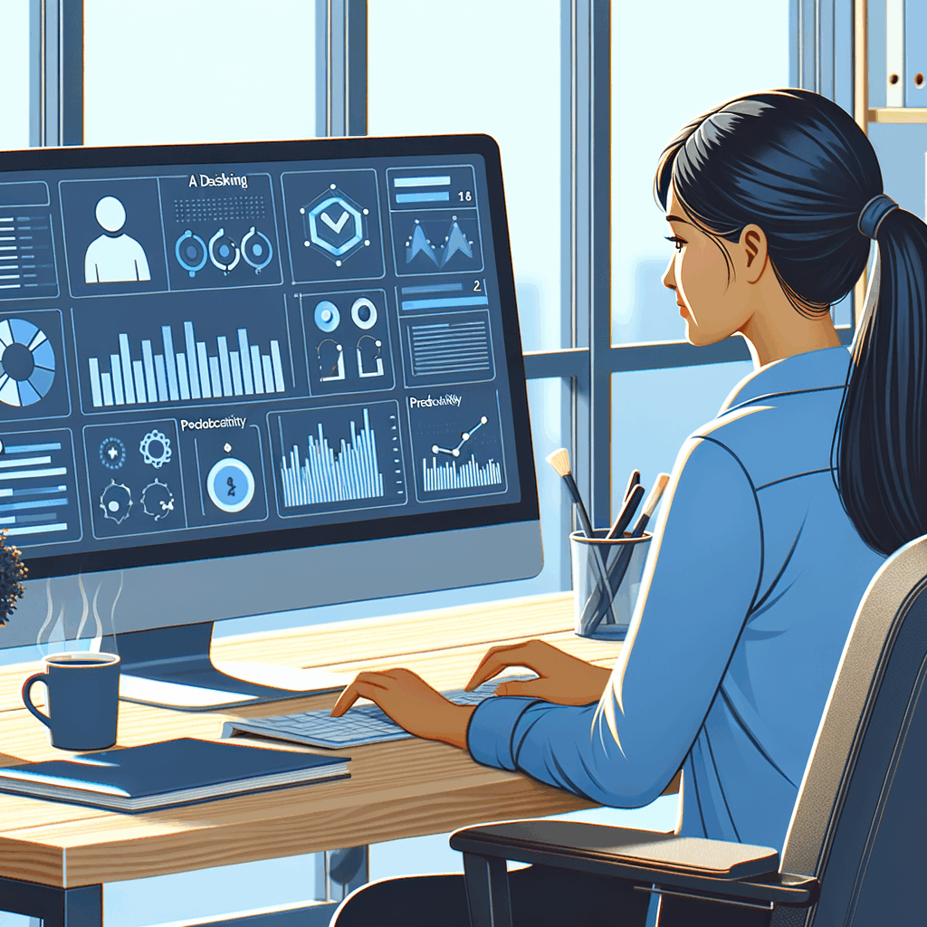 Professionista al computer che visualizza dashboard AI con grafici di produttività, in un ufficio moderno e illuminato