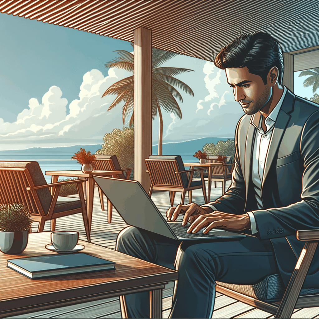 Professionista con laptop su terrazza tropicale vista mare, coworking all'aperto, atmosfera produttiva e rilassata, luce naturale, scenario esotico