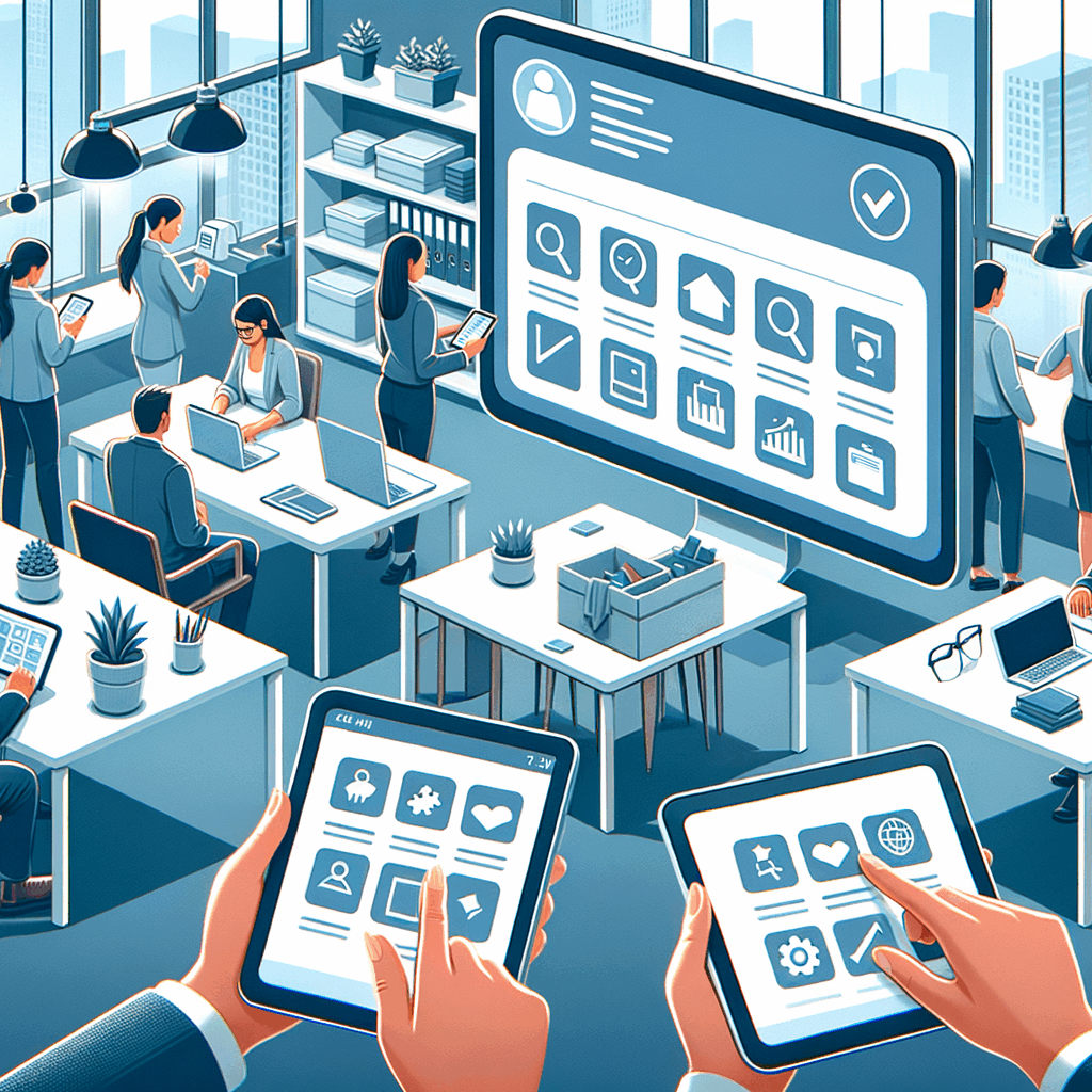 Ufficio moderno con dipendenti che usano un'app su tablet per selezionare task, con interfaccia stile marketplace visibile sullo schermo