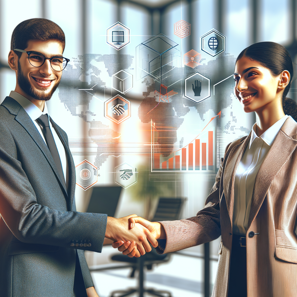 Due professionisti di aziende diverse si stringono la mano in un moderno ufficio, con grafici e simboli di collaborazione sullo sfondo, in stile professionale 16:9