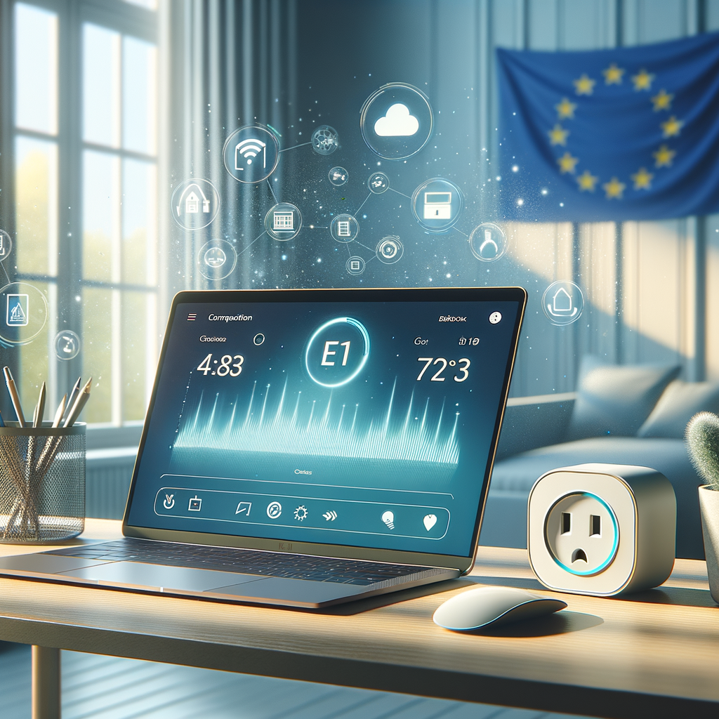 Ufficio domestico moderno con laptop e monitor collegati a una presa intelligente che mostra un grafico dei consumi energetici, icone IoT, bandiera UE in sfondo delicato, luce naturale, stile fotografico, rapporto 16:9