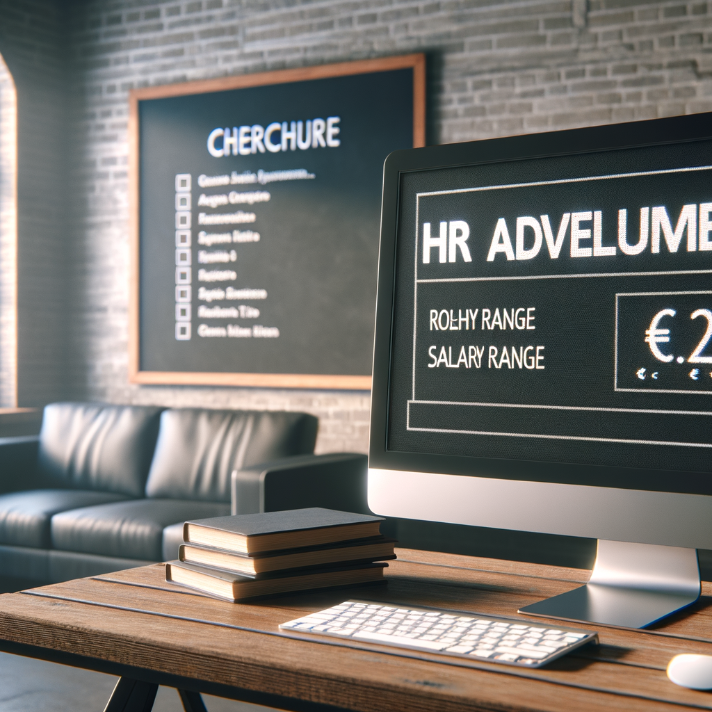 Ufficio HR italiano che aggiorna un annuncio di lavoro su monitor con un range retributivo in euro ben visibile, checklist su lavagna, stile fotografico professionale, luce naturale, formato 16:9