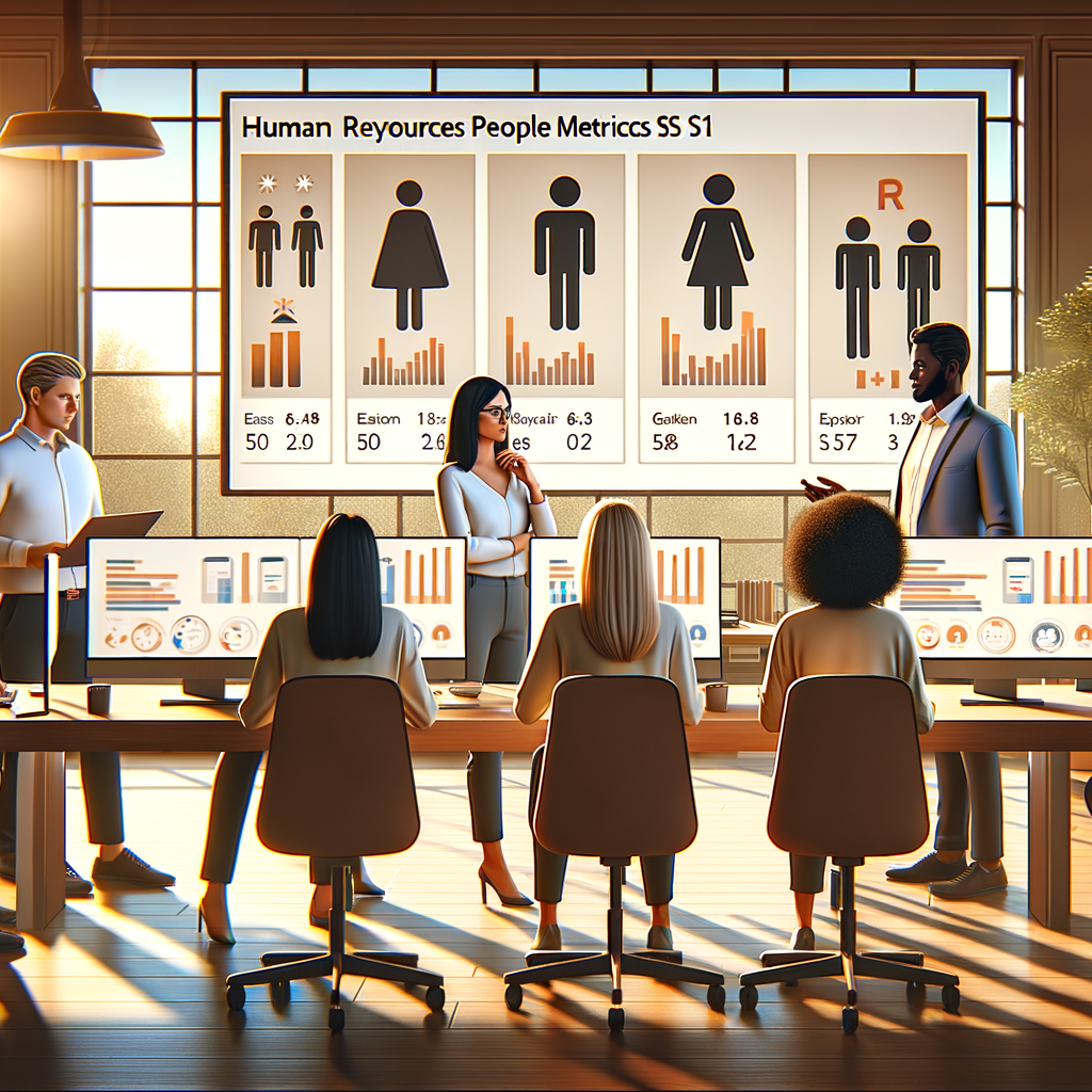 Team HR in un ufficio moderno analizza dashboard di metriche people per ESRS S1 su grandi schermi con grafici su turnover, gender pay gap, formazione e sicurezza, stile europeo, luce naturale, inquadratura 16:9