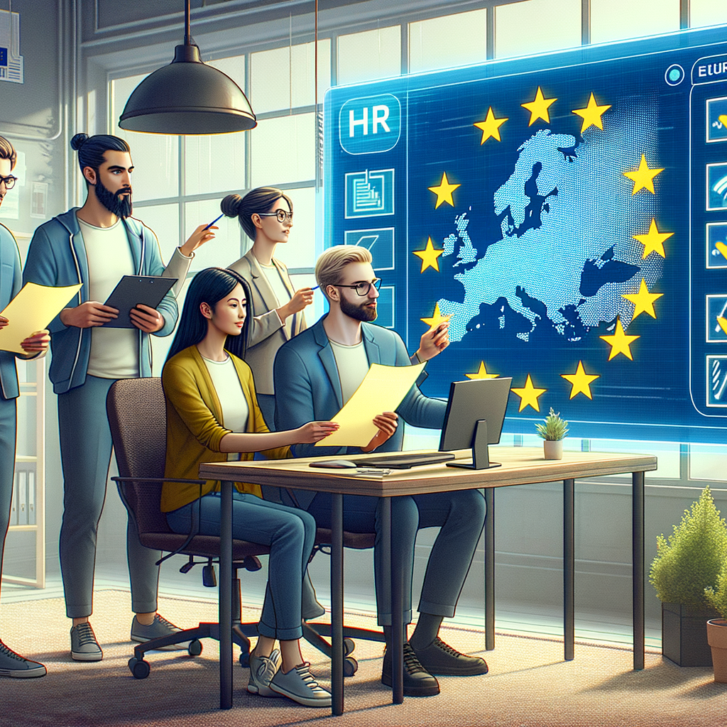 Ufficio HR europeo con team che analizza una mappa di sistemi AI su uno schermo, checklist cartacea evidenziata, bandiera UE discreta, stile fotografico, luce naturale, formato 16:9