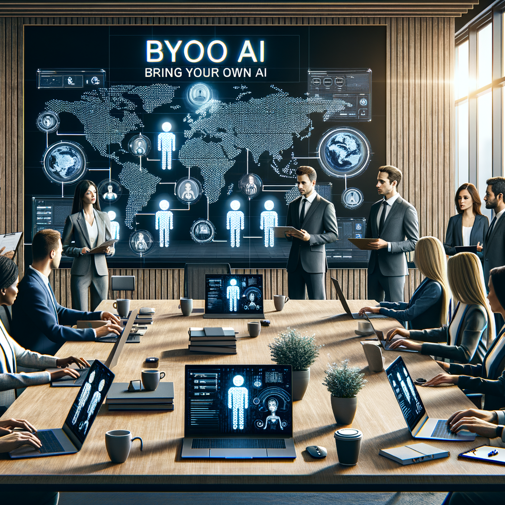 Ufficio europeo moderno con team HR IT e legale che definisce policy BYOAI su una lavagna digitale, laptop con interfaccia di un agente AI, luce naturale, inquadratura 16:9