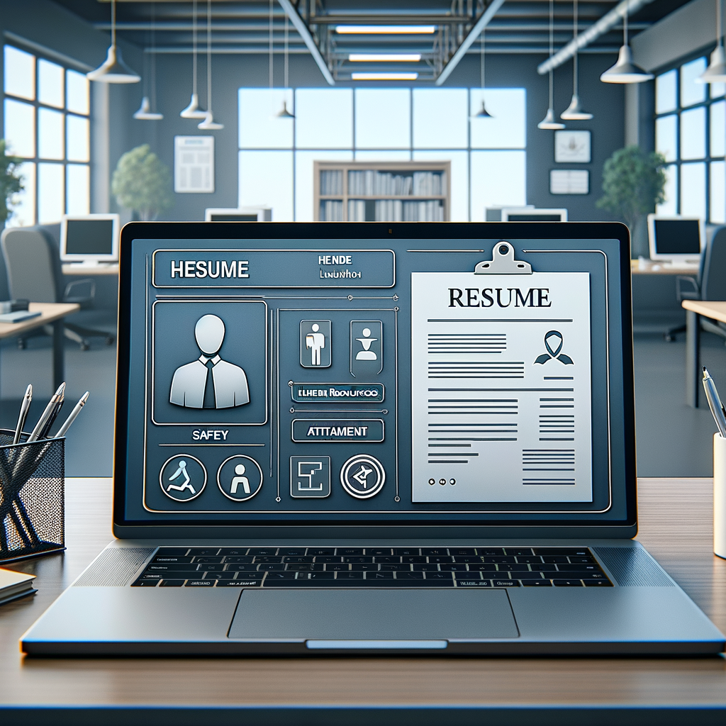 Ufficio HR moderno con laptop che mostra un CV e un avviso di sicurezza, icone di allegati e link evidenziati, atmosfera professionale, colori neutri, formato 16:9