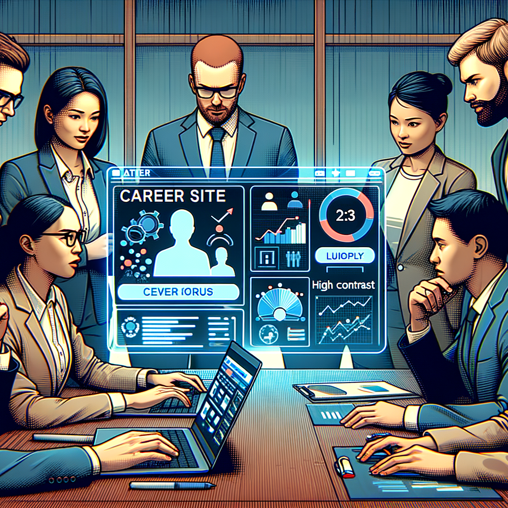 Scena ufficio moderna 16:9 team HR e sviluppatori esaminano un career site su laptop con indicatori di focus ben visibili contrasto alto e grafici di conformità WCAG