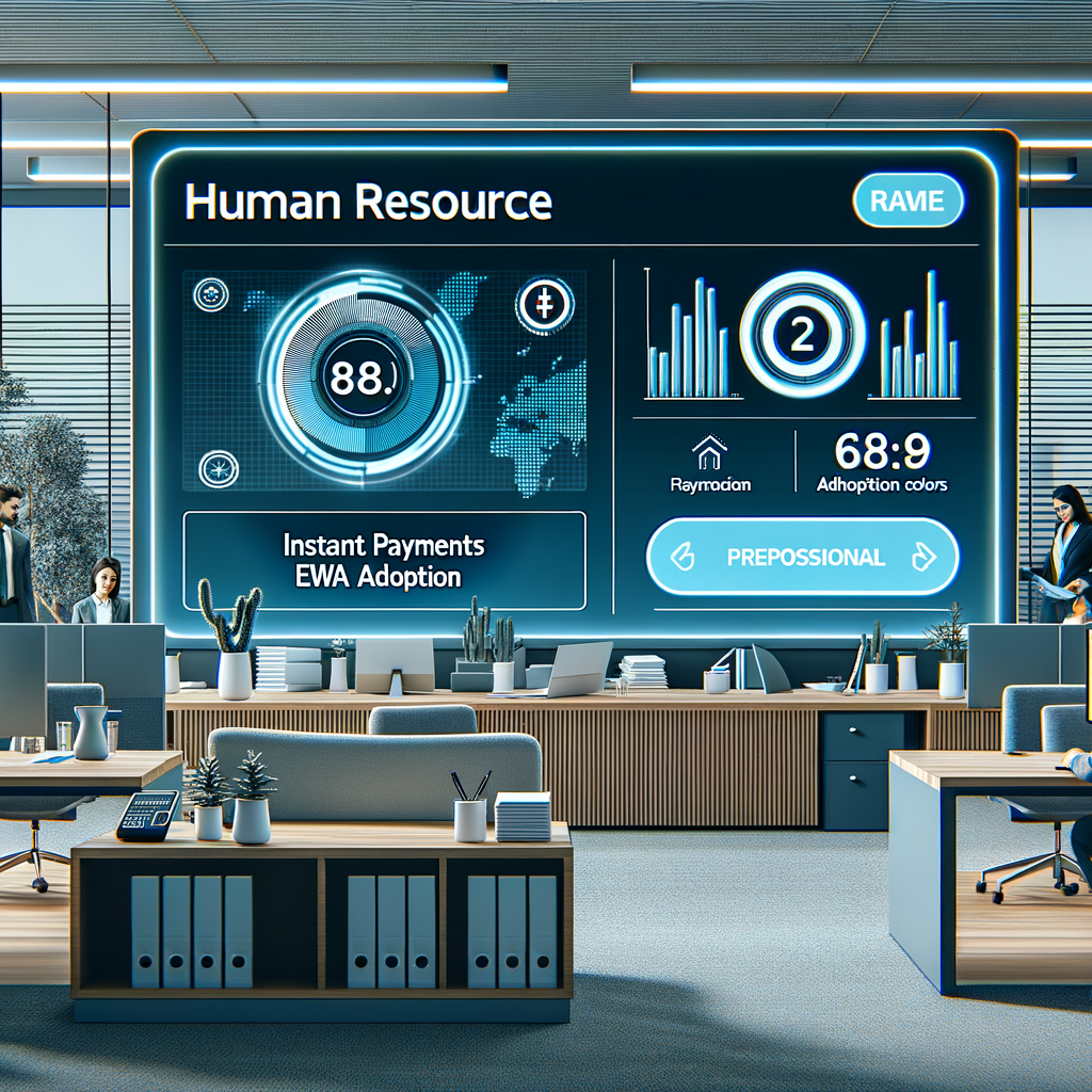 Ufficio HR moderno in Italia con dashboard su schermo che mostra pagamenti istantanei e metriche di adozione EWA, colori professionali blu e grigio, stile fotografico 16:9