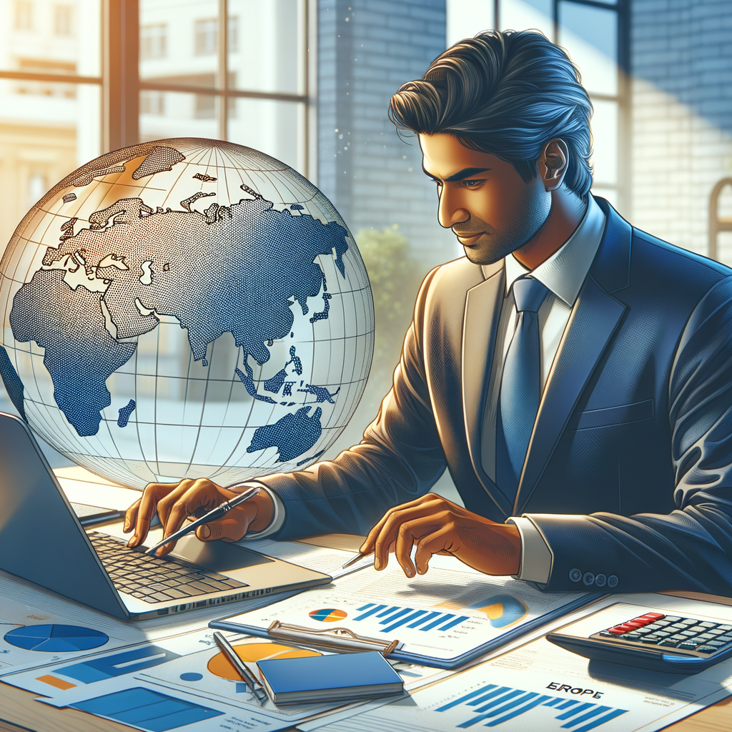 Impiegato che lavora al laptop da casa con mappa dell’Europa evidenziata, documento A1 e calcolatrice sul tavolo, stile professionale, colori aziendali, formato 16:9