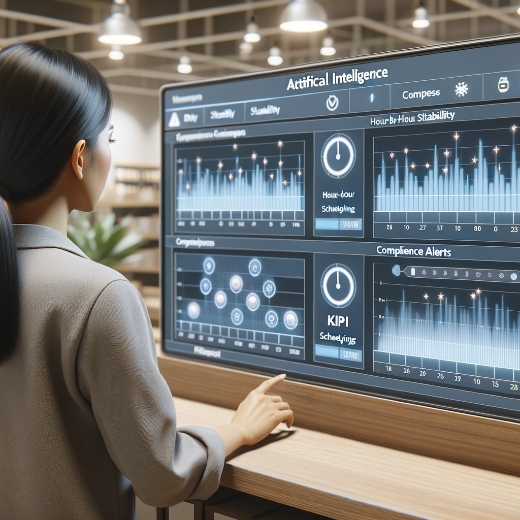 Manager di negozio osserva una dashboard di turnazione AI con grafici di stabilità oraria KPI e avvisi di conformità in un negozio retail moderno illuminazione neutra inquadratura 16 9