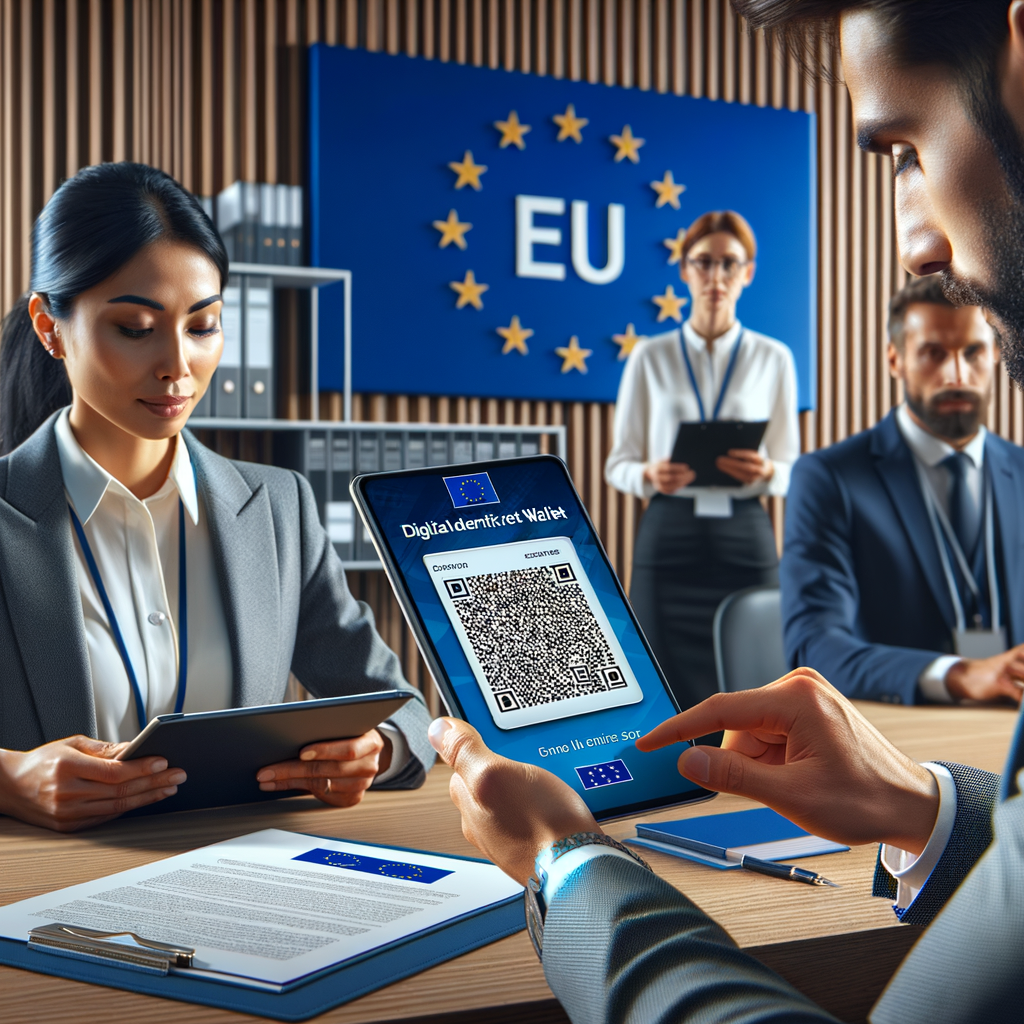 Ufficio HR europeo moderno. Recruiter verifica credenziali su tablet tramite EU Digital Identity Wallet con scansione QR. Stile professionale, pulito, formato 16:9.