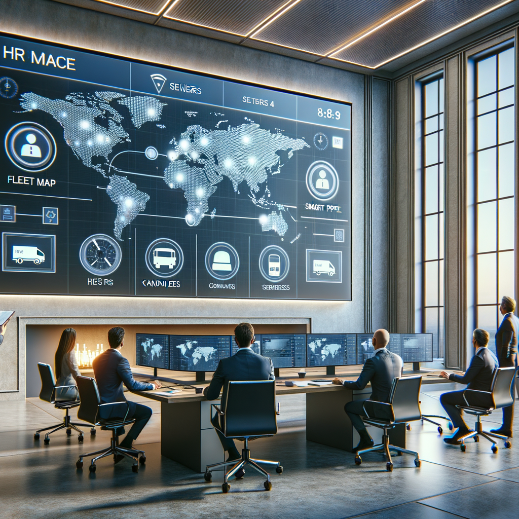 Ufficio HR che analizza dashboard con mappa flotta e sensori DPI smart su grande monitor, stile aziendale europeo, colori neutri, luce naturale, rapporto 16 9